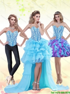 Beautiful Aqua Blue High Low 2015 Prom Dress with Beading and Ruffles