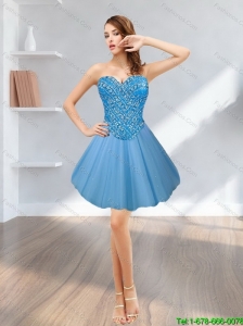 Perfect 2015 Short Sweetheart Tulle Blue Prom Dress with Beading