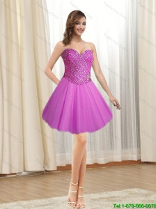 Remarkable 2015 Short Tulle Sweetheart Fuchsia Prom Dress with Beading