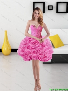 Cute Sweetheart Short Rolling Flowers Rose Pink Prom Dress for 2015