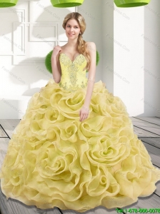 2015 Luxurious Beading and Rolling Flowers Gold 15 Quinceanera Dresses