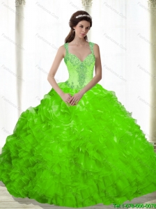 Beautiful Beading and Ruffles Sweetheart 15 Quinceanera Dresses in Spring Green