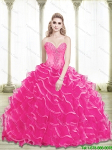 2015 Gorgeous Beading and Ruffled Layers Sweetheart Quinceanera Dresses in Hot Pink