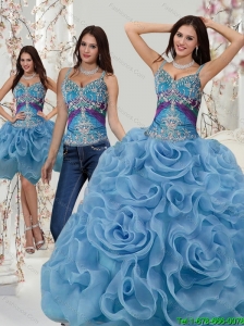 2015 Custom Made Appliques and Rolling Flowers Quinceanera Dresses in Multi Color