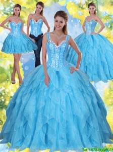 2015 Perfect Beading and Ruffles Baby Blue Sweet Sixteen Dresses with Sweetheart