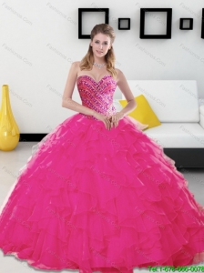 Custom Made Beading and Ruffles Sweetheart Hot Pink 2015 Quinceanera Dresses