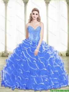 Pretty Beading and Ruffled Layers Sweetheart 2015 Blue Quinceanera Dresses