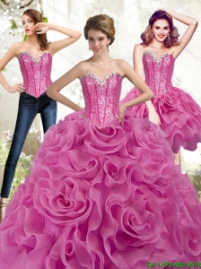 Exclusive Fuchsia 2015 Sweet 16 Dresses with Beading and Rolling Flowers