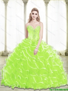 Puffy 2015 Sweetheart Beading and Ruffled Layers Quinceanera Dresses in Lime Green