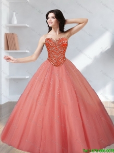 Puffy 2015 Tulle Beading Sweetheart Quinceanera Dresses in Watermelon