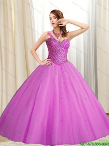 Puffy Sweetheart Beading Tulle Fuchsia 2015 Quinceanera Dresses