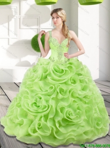 Remarkable Beading and Rolling Flowers Spring Green 2015 Sweet 16 Dresses