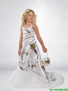 2015 New Style A Line Straps Camo Little Girl Pageant Dresses with Brush Train Beading