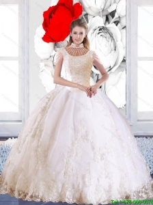 Elegant 2015 Summer Laceed and Beaded Quinceanera Dress with High Neck