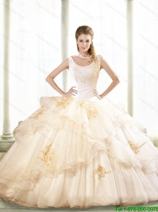 2015 Summer Beautiful Beading and Appliques Quinceanera Dresses in Champagne