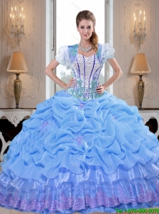 Prefect 2015 Summer Baby Blue Quinceanera Dresses with Appliques and Pick Ups