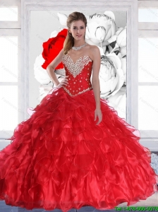 New Arrival 2015 Summer Red Quinceanera Dresses with Ruffles and Beading