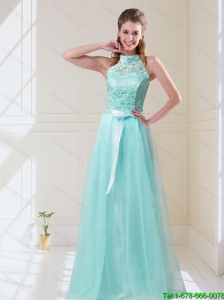 Elegant Empire Halter Top Laced Mint Prom Dresses with Sash