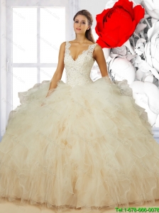 Elegant 2015 Summer V Neck Champagne Quinceanera Dresses with Ruffles