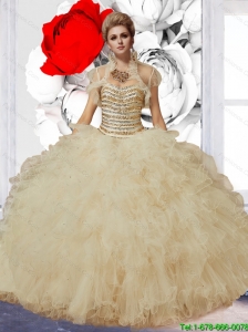 Luxurious Ball Gown Champagne Sweet 16 Dresses with Beading and Ruffles for 2015 Summer