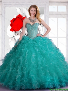 New Style Sweetheart Beaded and Ruffles Quinceanera Dresses in Turquoise for 2016
