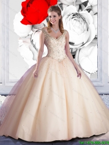 Perfect 2015 Summer Off The Shoulder Beaded Quinceanera Dress in Champagne