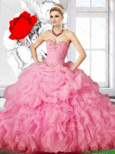 Perfect Rose Pink Beaded Quinceanera Dress with Ruffles for Summer