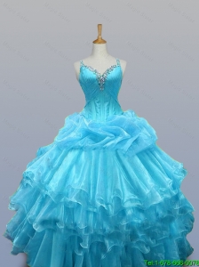 2015 Pretty Straps Beaded Quinceanera Dresses with Ruffled Layers