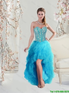 2016 Beautiful Sweetheart Beaded and Ruffles Turquoise Prom Dresses High Low