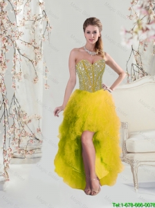 2016 Classical High Low Sweetheart Yellow Prom Dresses with Beading and Ruffles