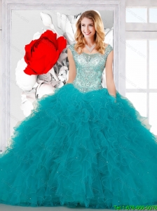 Pretty Scoop Teal Dresses for Quinceanera with Appliques and Ruffles