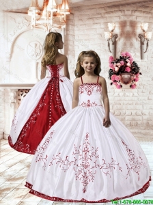 2016 Fall Luxurious Spaghetti Straps White Satin Little Girl Pageant Dress with Embroidery