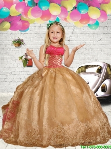 2016 Spring Perfect Gold Embroidery Little Girl Pageant Dress with Ruffles
