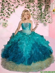 2016 Summer Cheap Strapless Turquoise Little Girl Pageant Dress with Beading and Ruffles