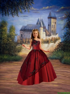 2016 Summer Discount One Shoulder Wine Red Little Girl Pageant Dress with Appliques