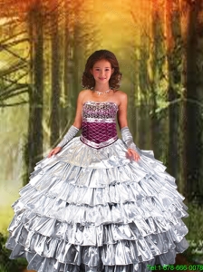 2016 Summer Discount Strapless Silver Little Girl Pageant Dress with Ruffled Layers