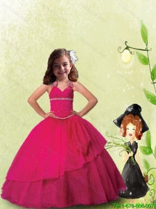 2016 Winter Luxirious Halter Top Hot Pink Little Girl Pageant Dress with Beading and Ruching