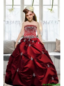 Pretty 2016 Summer Strapless Wine Red Embroidery Little Girl Pageant Dresses