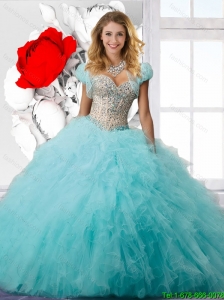 Decent Ball Gown Beaded and Ruffles Sweet 16 Dresses in Aqua Blue