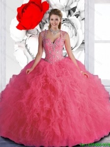 Sophisticated Beaded and Ruffles Rose Pink Quinceanera Dresses with Straps
