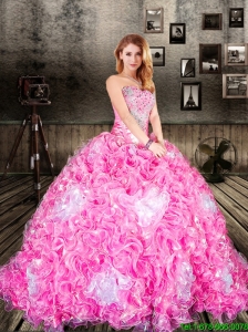 Pretty Brush Train Sweetheart Rose Pink Quinceanera Dresses with Ruffles and Beading