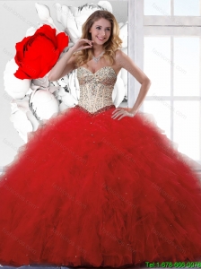 Inexpensive Sliver and Red Sweet 16 Dresses with Beading and Ruffles