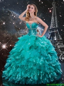 Informal Beaded and Ruffles Turquoise Quinceanera Dresses with Brush Train