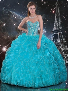 Luxurious 2015 Fall Aqua Blue Sweetheart Quinceanera Gowns with Beading and Ruffles