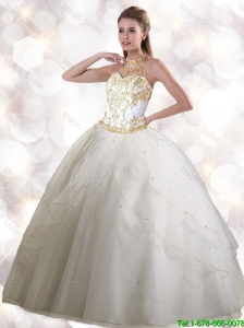 Feminine Halter Top White Quinceanera Gowns with Appliques