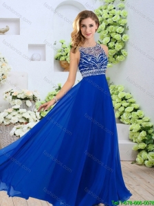 2016 Spring Luxurious Bateau Brush Train and Beaded Prom Dresses in Blue