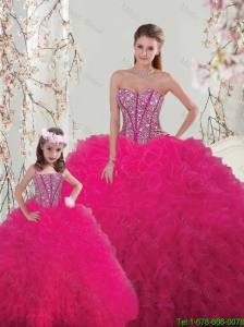2015 Fall Classical Ball Gown Beaded and Ruffles Macthing Sister Dresses in Hot Pink
