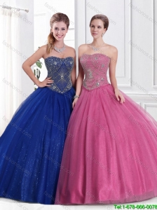 2016 Perfect Strapless Ball Gown and Beaded Sweet 16 Dresses in Blue
