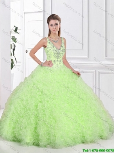2016 Popular Ruffles Yellow Green Sweet 16 Dresses with Beading