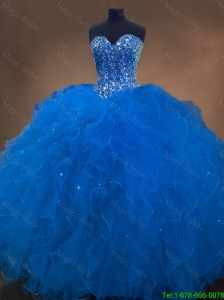 2016 Discount Gorgeous Sweetheart Beaded Blue Quinceanera Dresses with Ruffles
